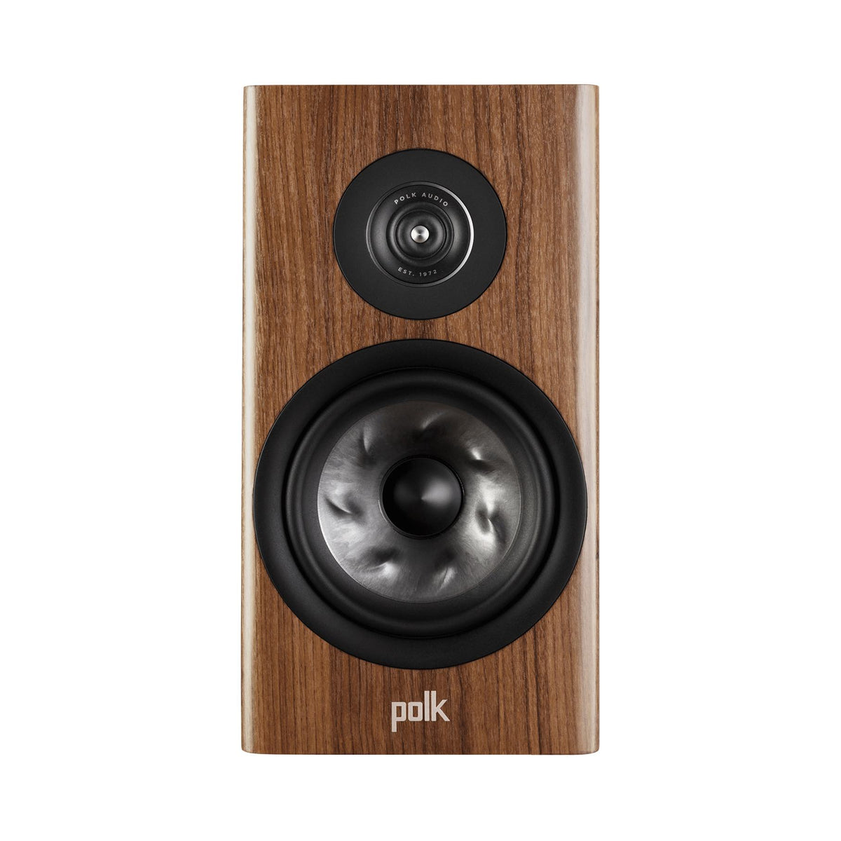 Polk Audio Reserve R200 walnut bookshelf speaker, front view without grilles