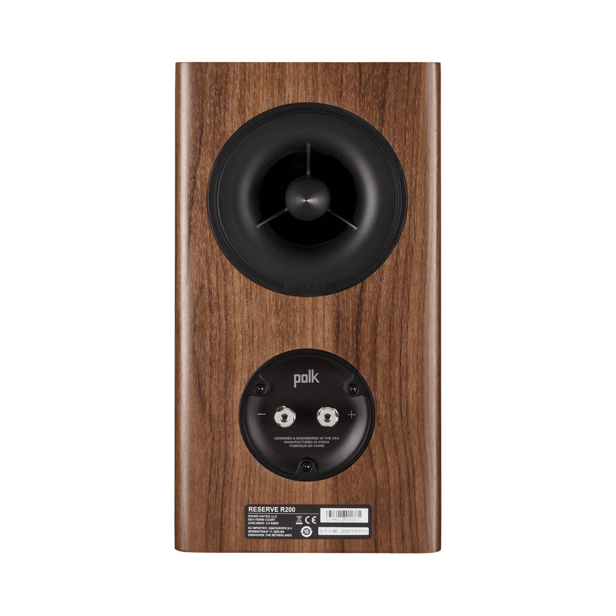 Polk Audio Reserve R200 walnut bookshelf speaker, rear view