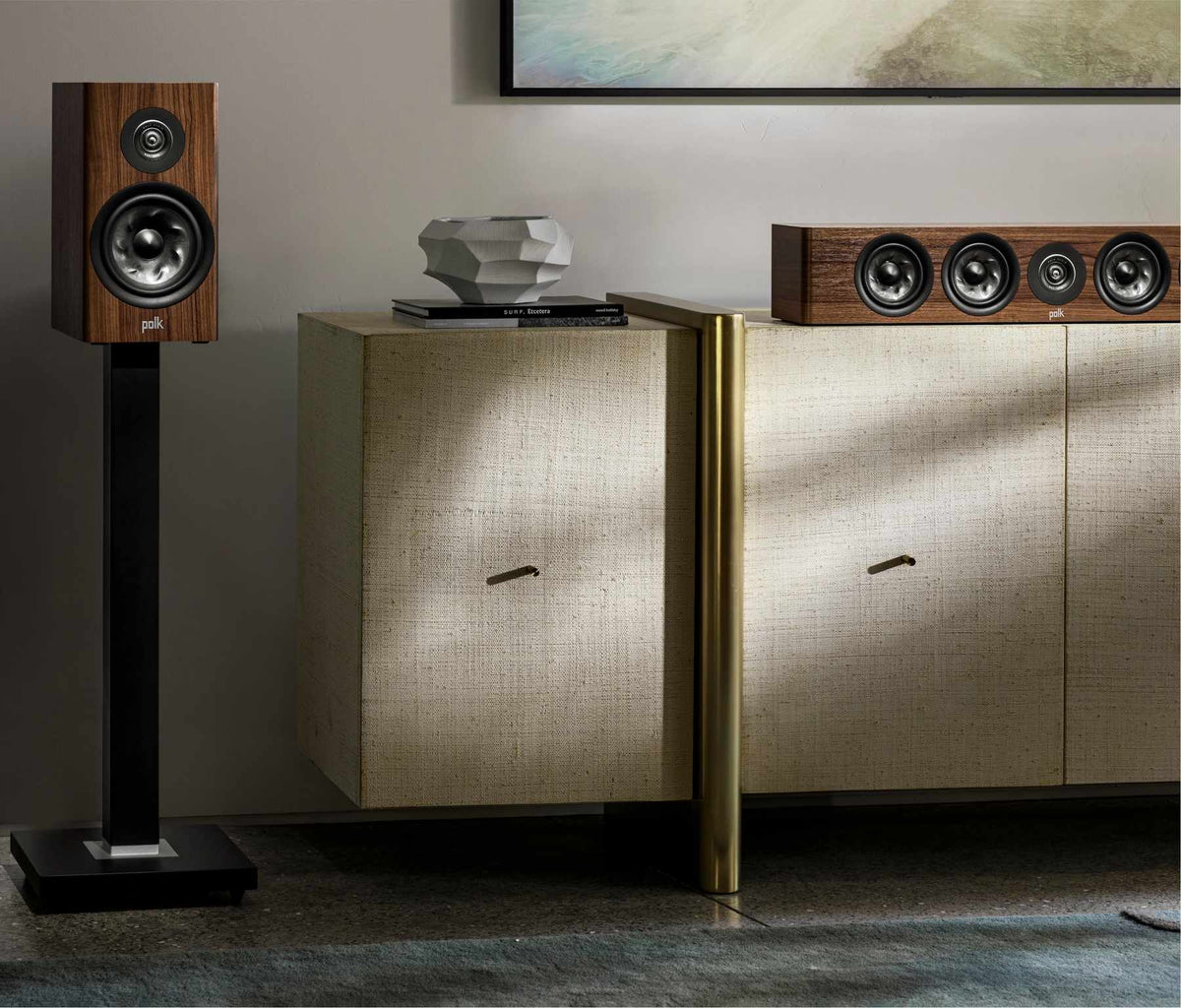 Polk Audio Reserve R200 walnut bookshelf speaker, another room view