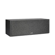 Polk Audio Reserve R300 black center speaker, angled view with grilles