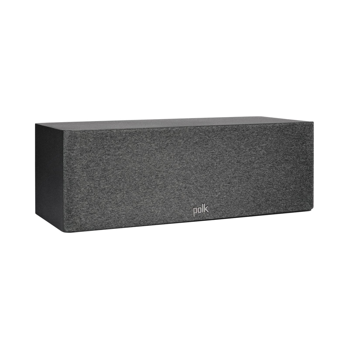 Polk Audio Reserve R300 black center speaker, angled view with grilles