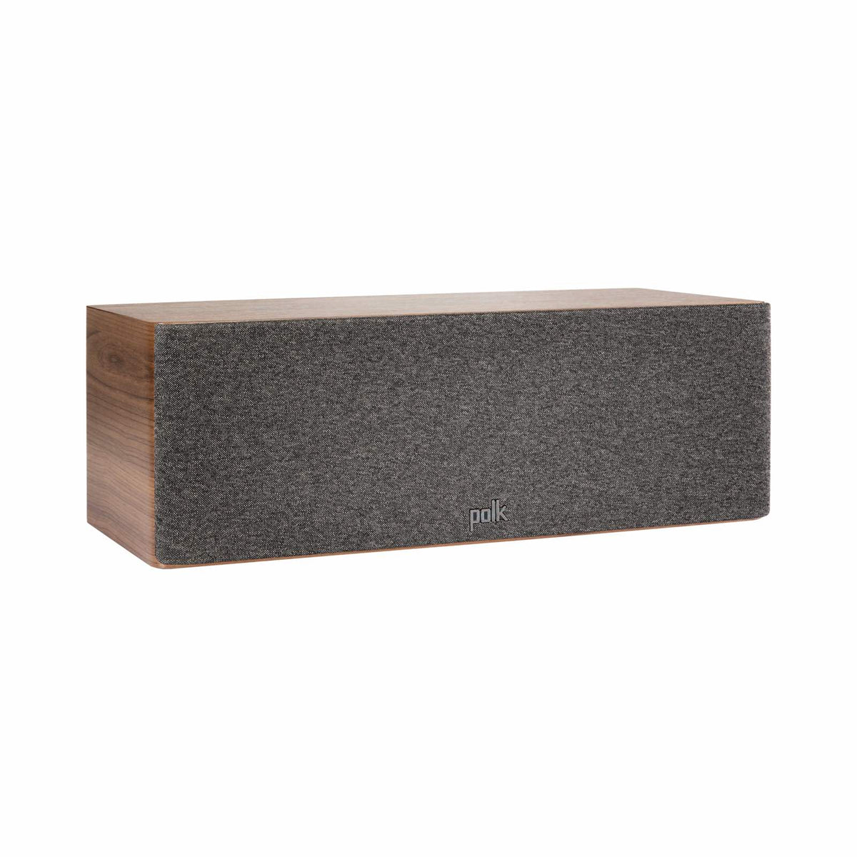 Polk Audio Reserve R300 walnut center speaker, angled view with grilles