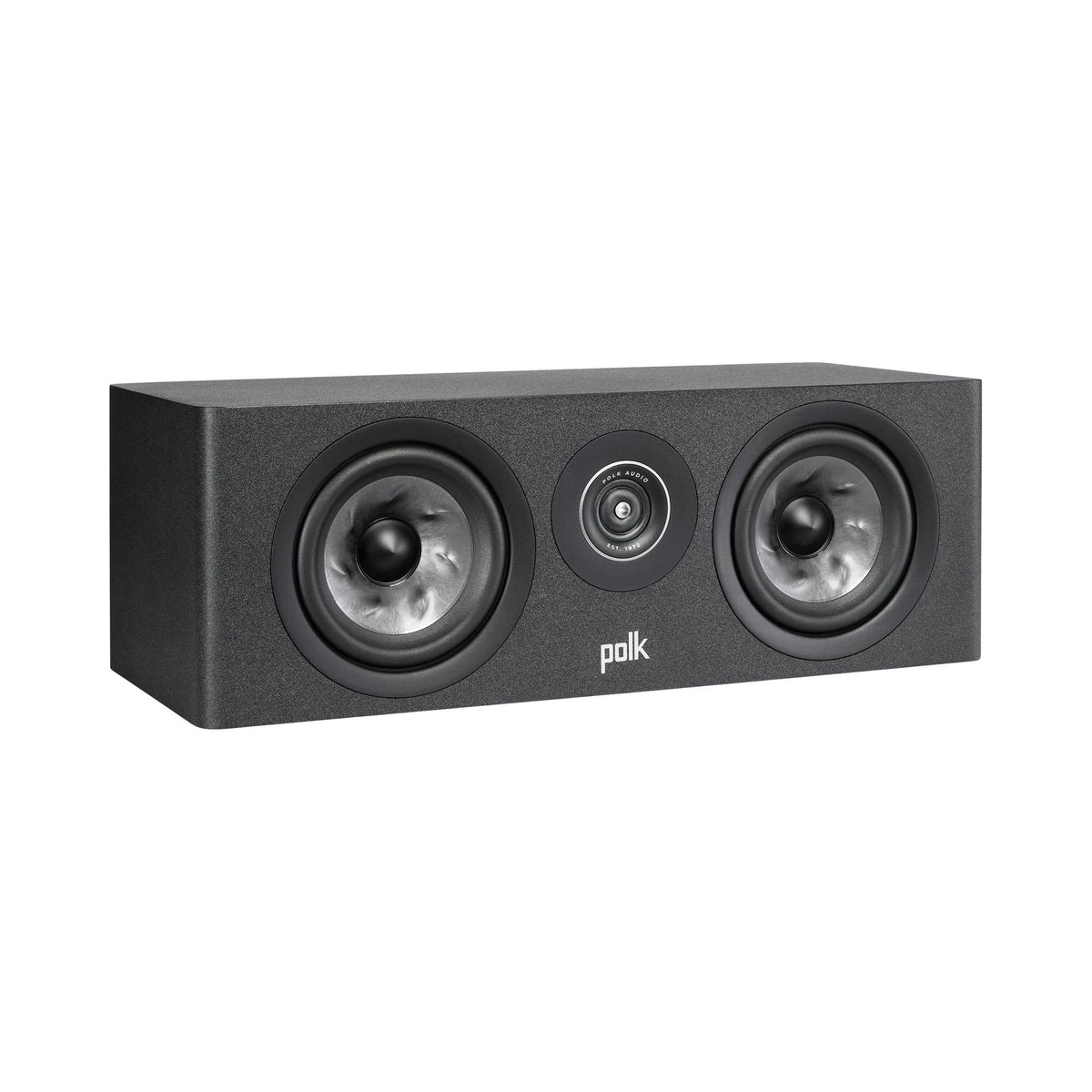 Polk Audio Reserve R300 black center speaker, angled view without grilles