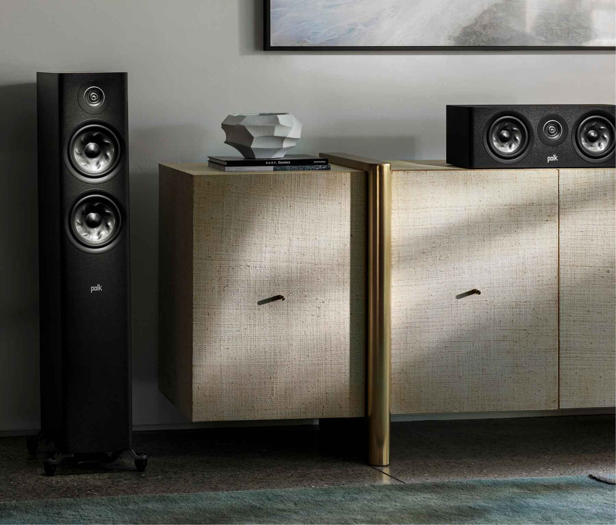 Polk Audio Reserve R300 black center speaker, in a room