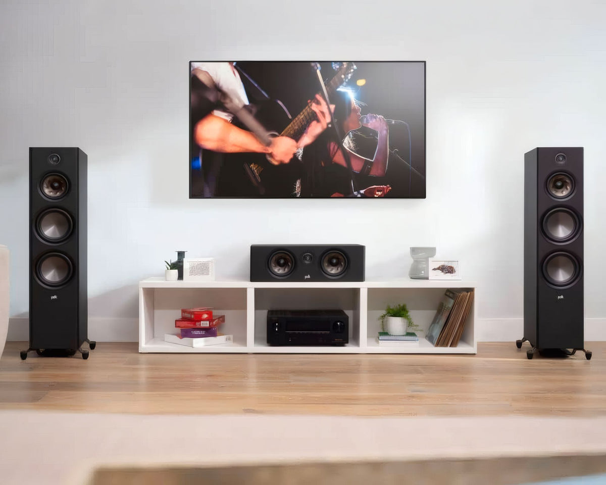 Polk Audio Reserve R300 black center speaker, in a home theater system