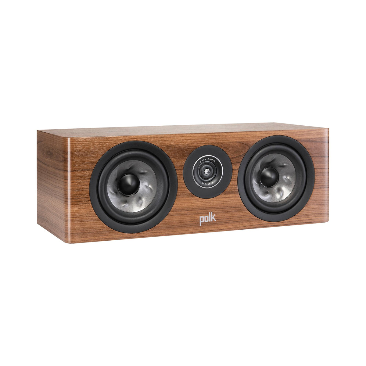 Polk Audio Reserve R300 walnut center speaker, angled view without grilles