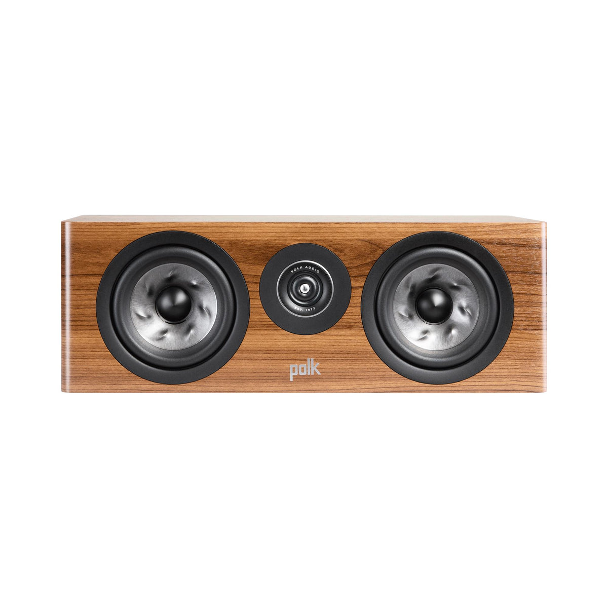Polk Audio Reserve R300 walnut center speaker, front view without grilles