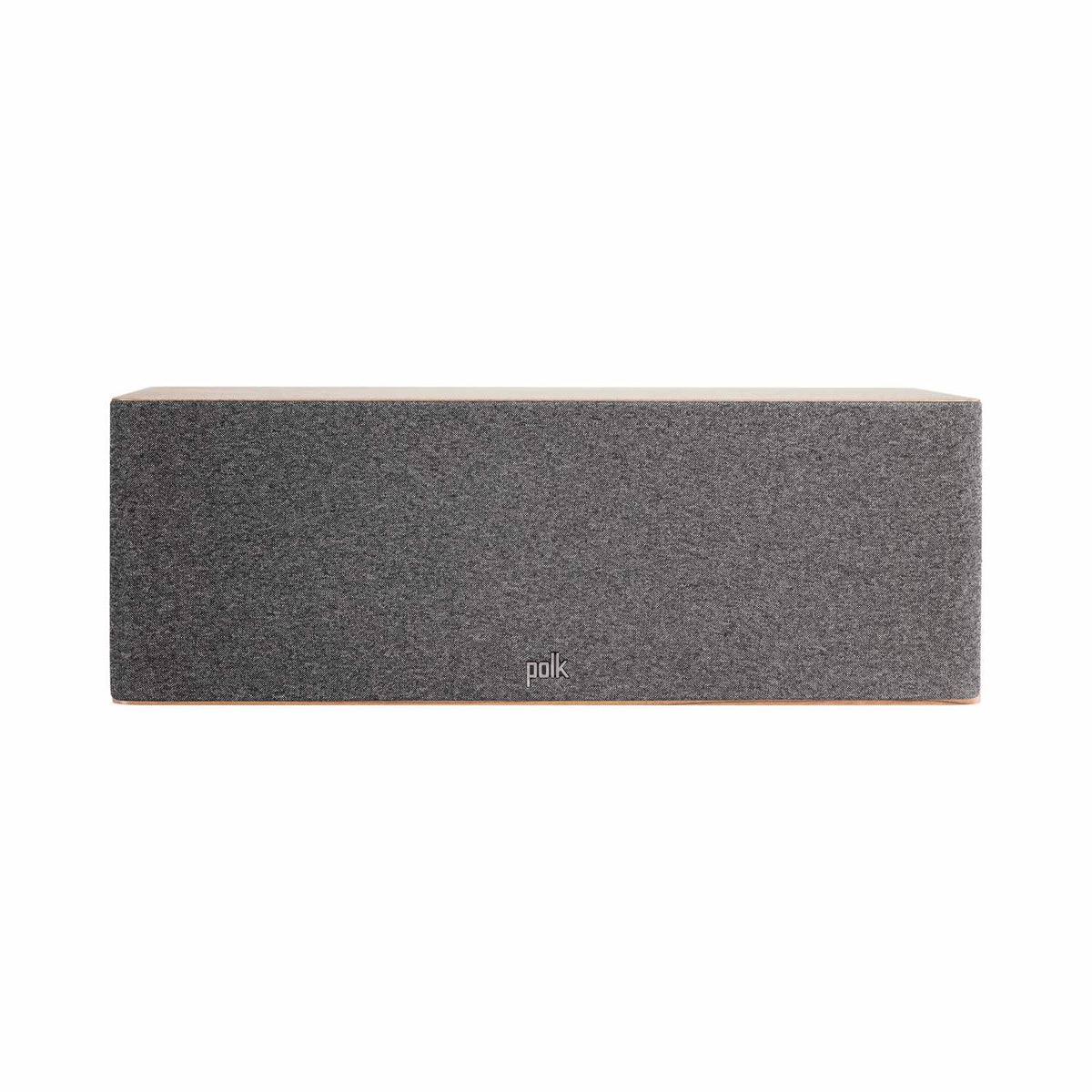 Polk Audio Reserve R300 walnut center speaker, front view with grilles