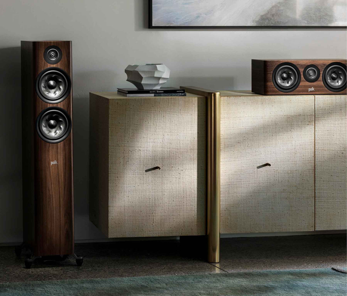 Polk Audio Reserve R300 walnut center speaker, in a room