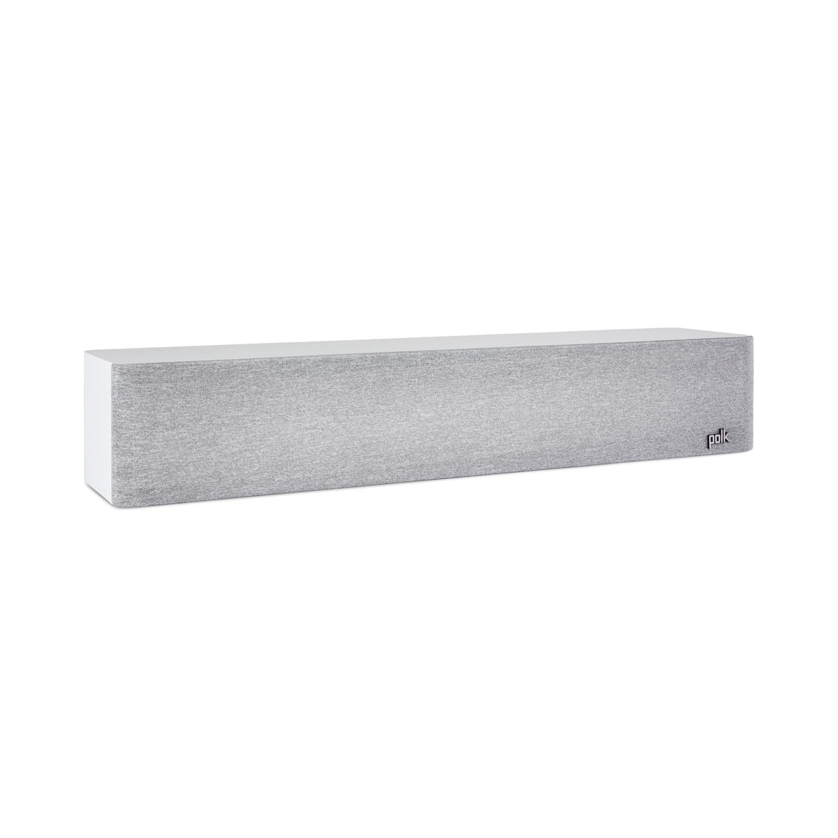 Polk Audio Reserve R350 white center speaker, angled view with grilles