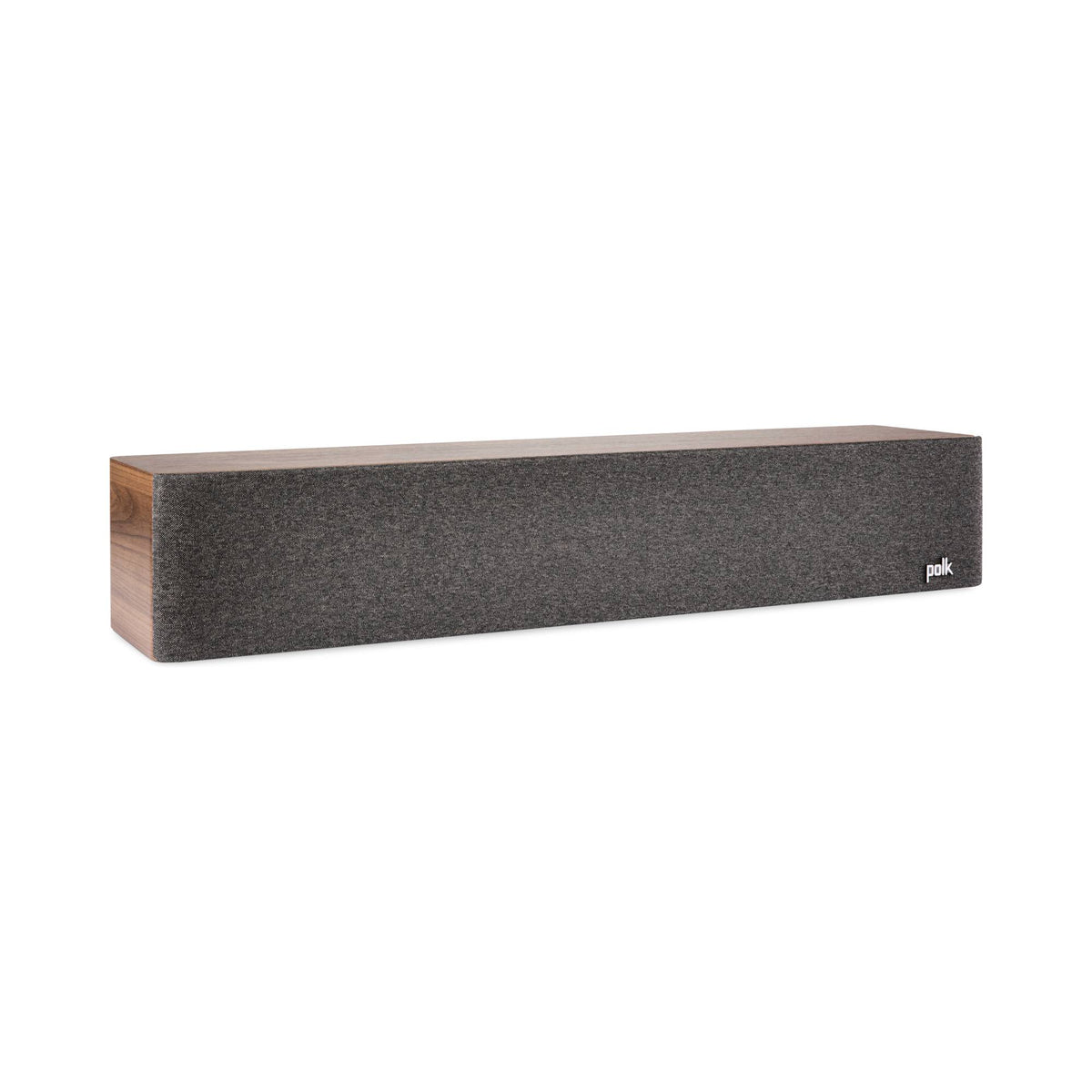 Polk Audio Reserve R350 walnut center speaker, angled view with grilles