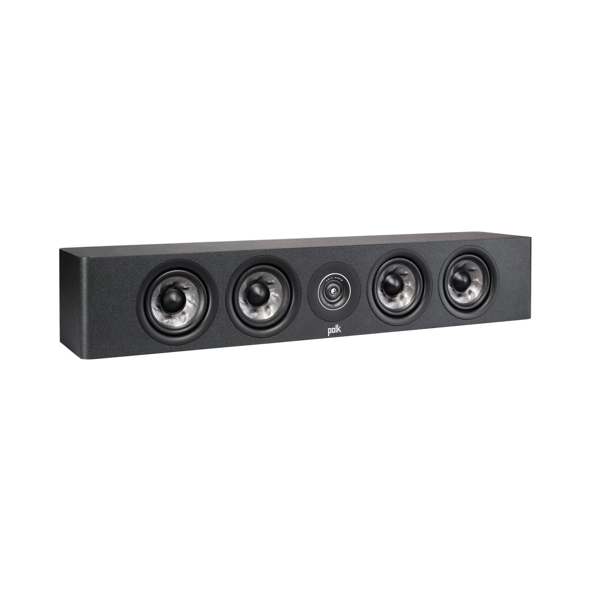 Polk Audio Reserve R350 black center speaker, angled view without grilles
