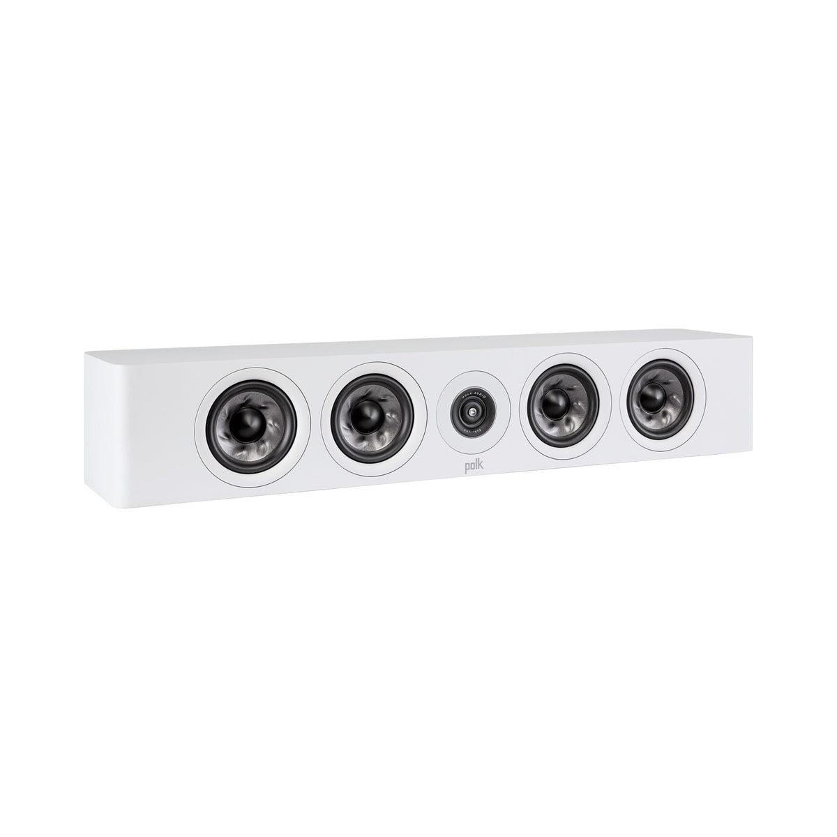 Polk Audio Reserve R350 white center speaker, angled view without grilles