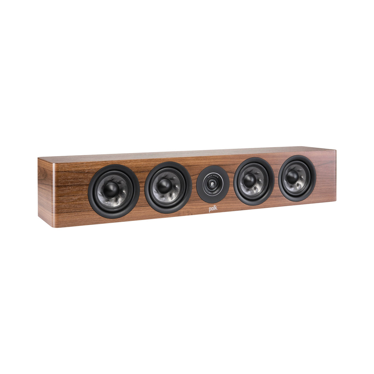 Polk Audio Reserve R350 walnut center speaker, angled view without grilles