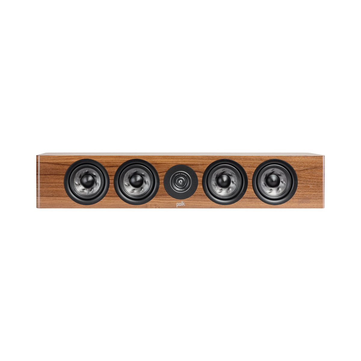 Polk Audio Reserve R350 walnut center speaker, front view without grilles