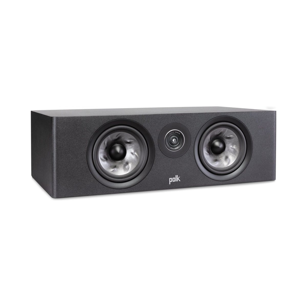 Polk Audio Reserve R400 juodos spalvos centrinė kolonėlė, vaizdas kampu be grotelių