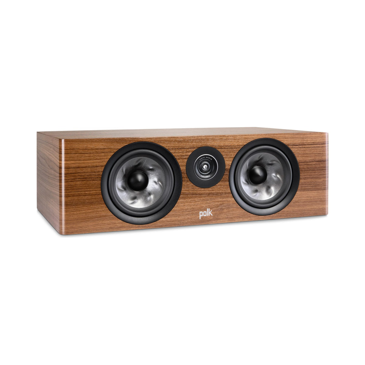 Polk Audio Reserve R400 riešutmedžio apdailos centrinė kolonėlė, vaizdas kampu be grotelių