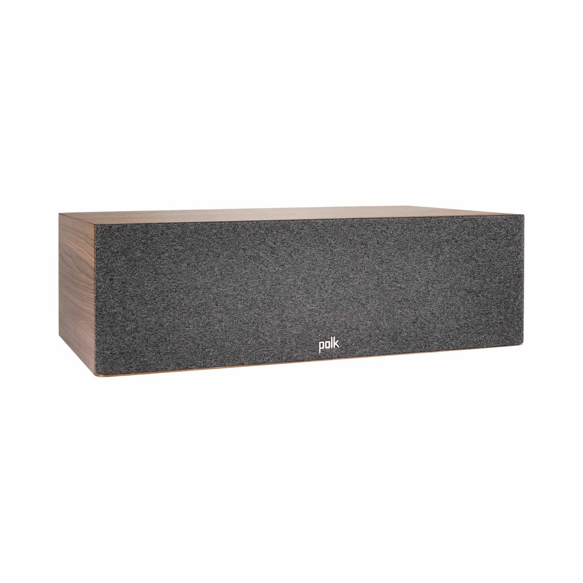 Polk Audio Reserve R400 riešutmedžio apdailos centrinė kolonėlė, vaizdas kampu su grotelėmis