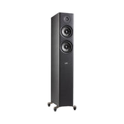 Polk Audio Reserve R500 black floorstanding speaker, angled view without grilles