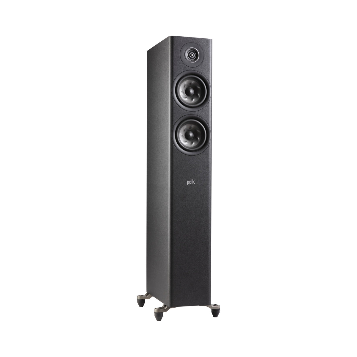 Polk Audio Reserve R500 black floorstanding speaker, angled view without grilles