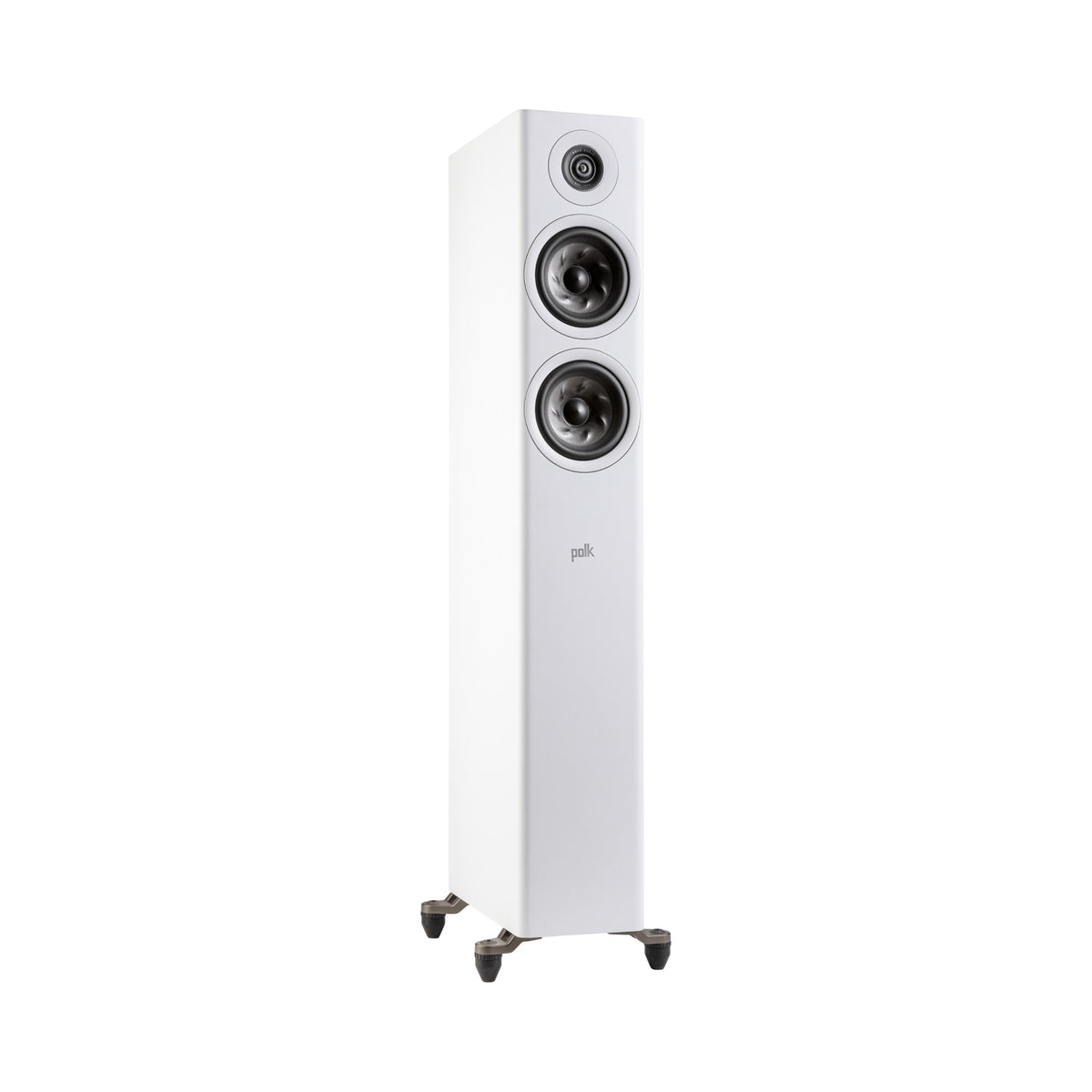 Polk Audio Reserve R500 white floorstanding speaker, angled view without grilles
