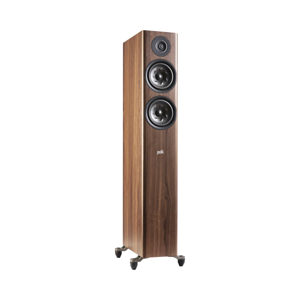 Polk Audio Reserve R500 walnut floorstanding speaker, angled view without grilles