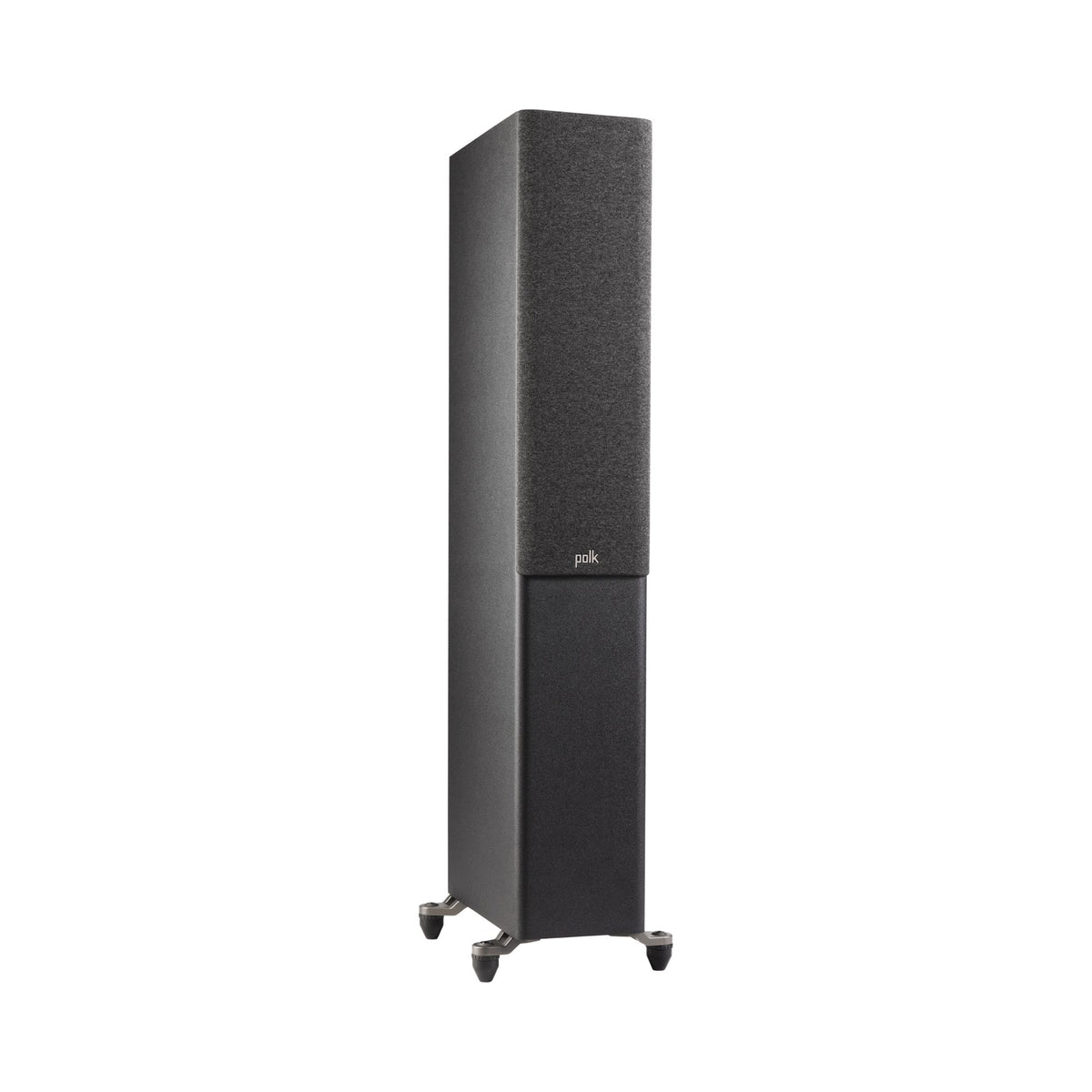 Polk Audio Reserve R500 black floorstanding speaker, angled view with grilles