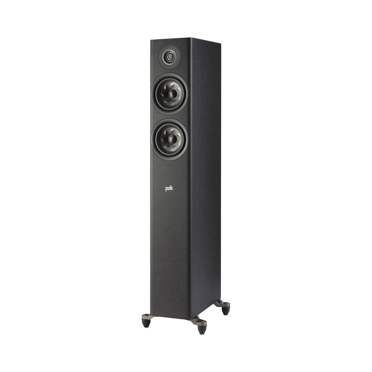 Polk Audio Reserve R500 black floorstanding speaker, left angle without grilles