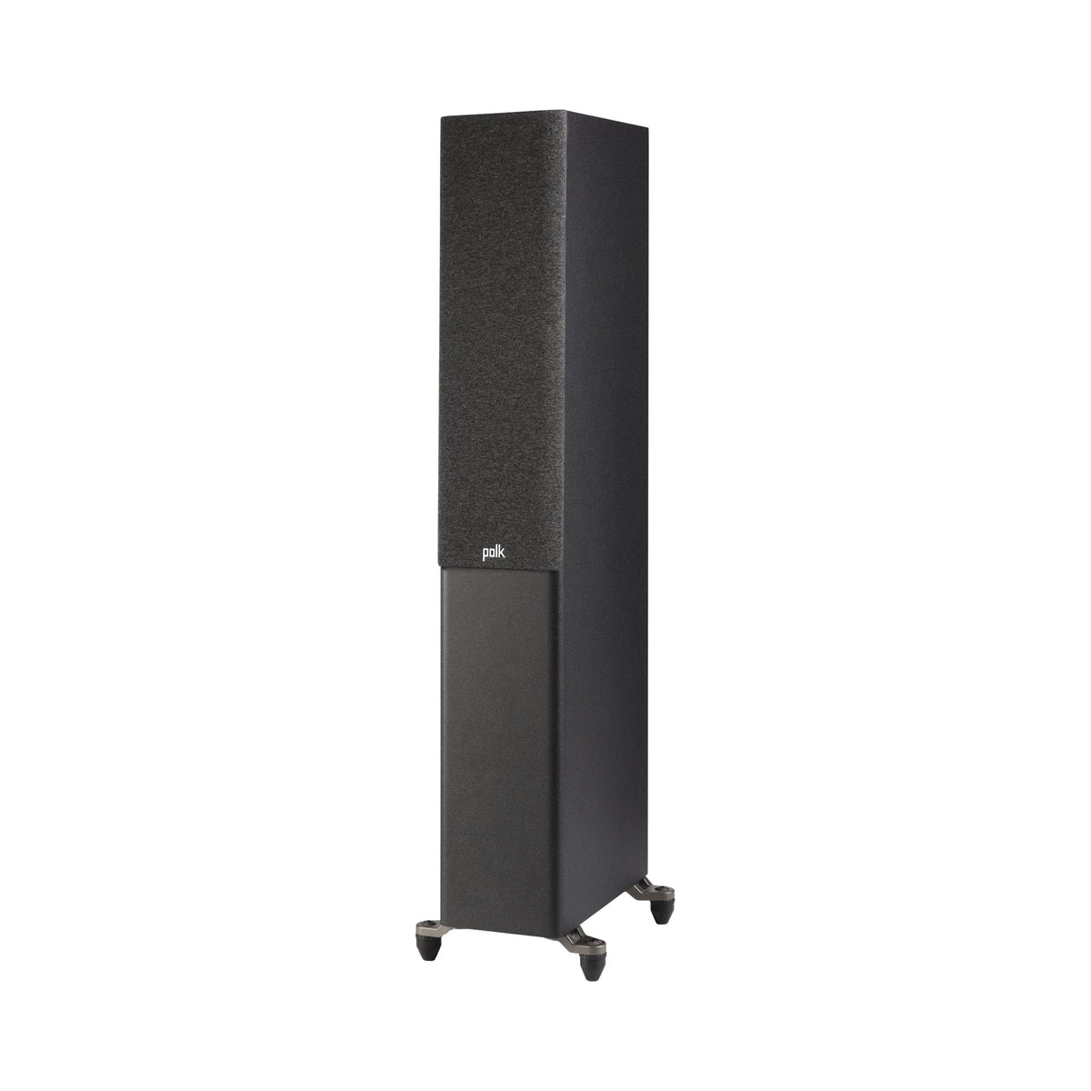 Polk Audio Reserve R500 black floorstanding speaker, left angle with grilles