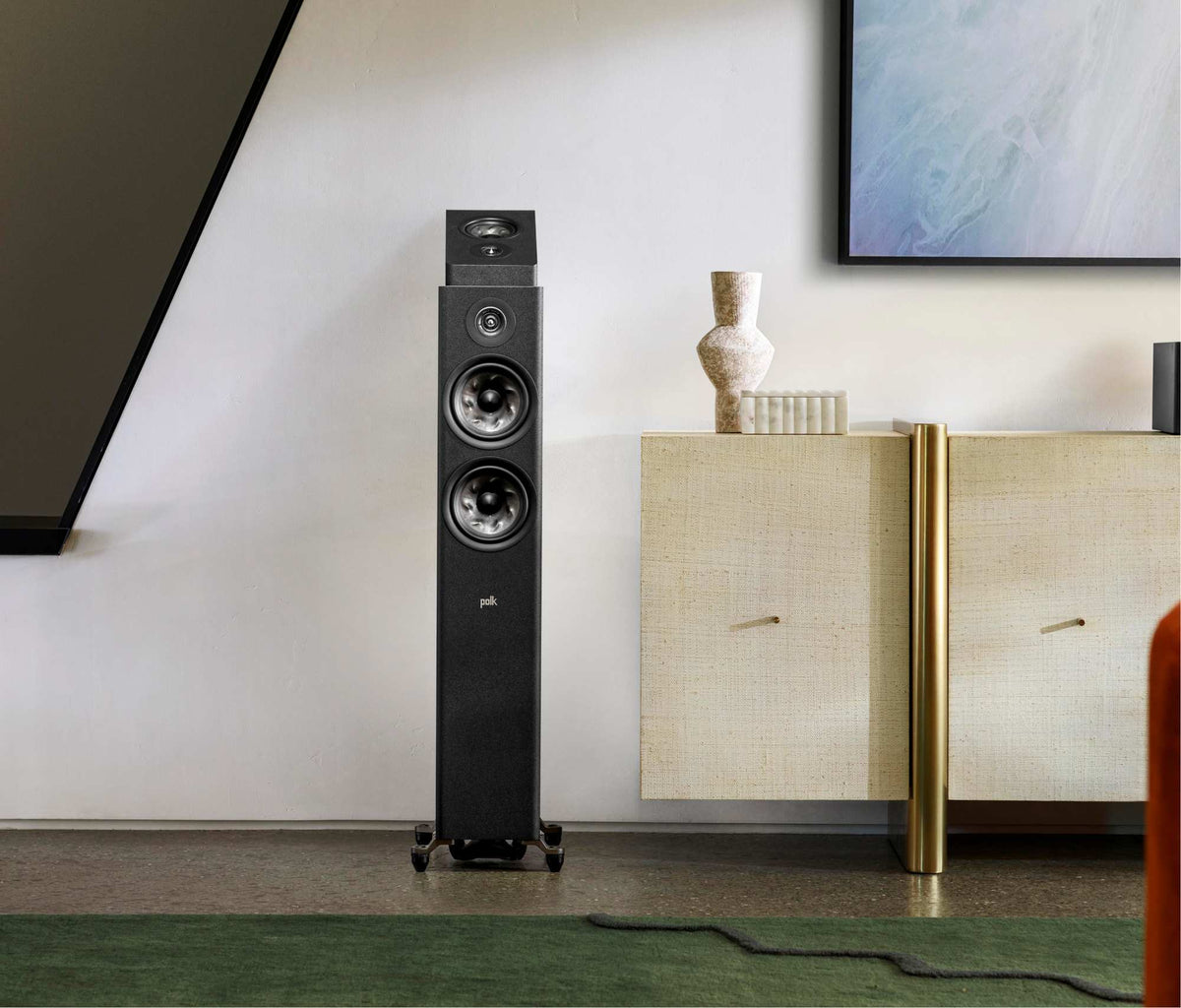 Polk Audio Reserve R500 black floorstanding speaker, in a room