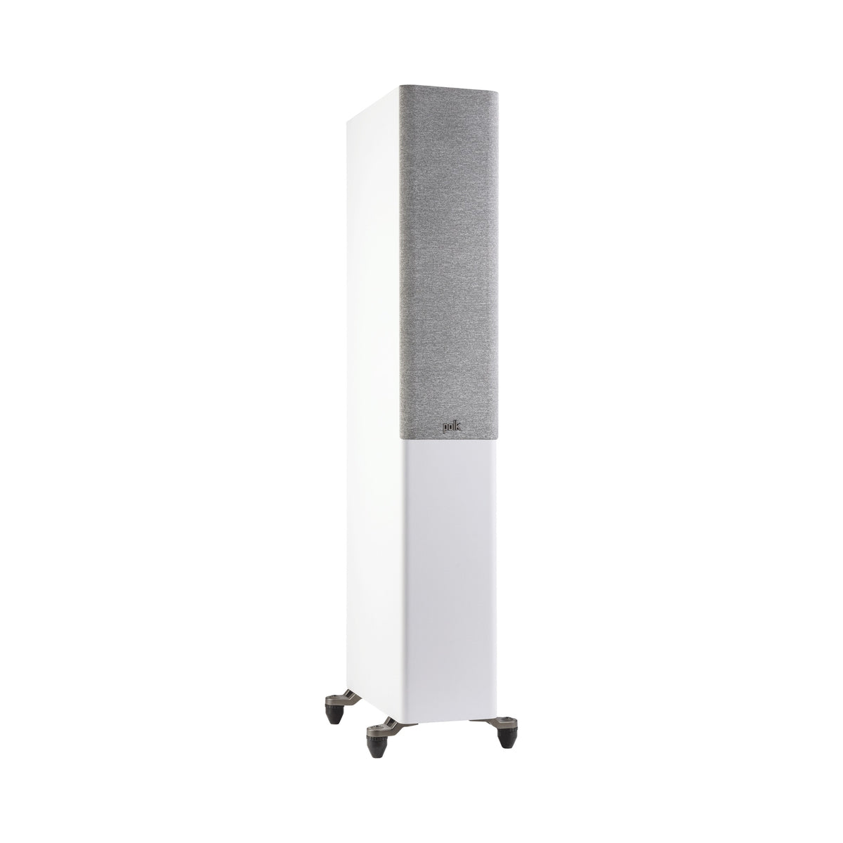 Polk Audio Reserve R500 white floorstanding speaker, angled view with grilles