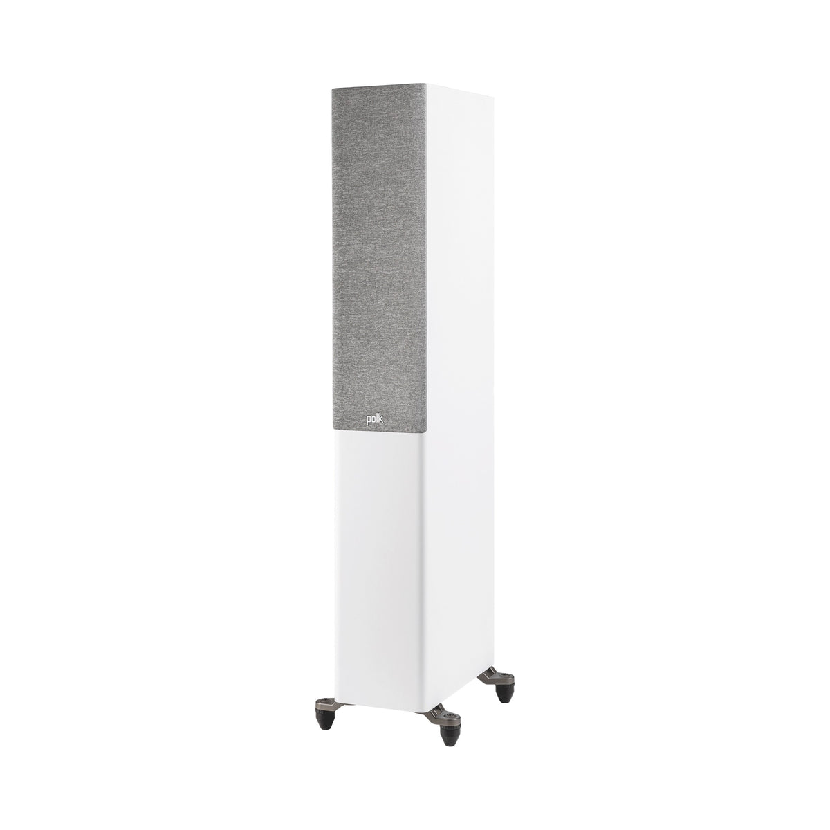 Polk Audio Reserve R500 white floorstanding speaker, left angle with grilles