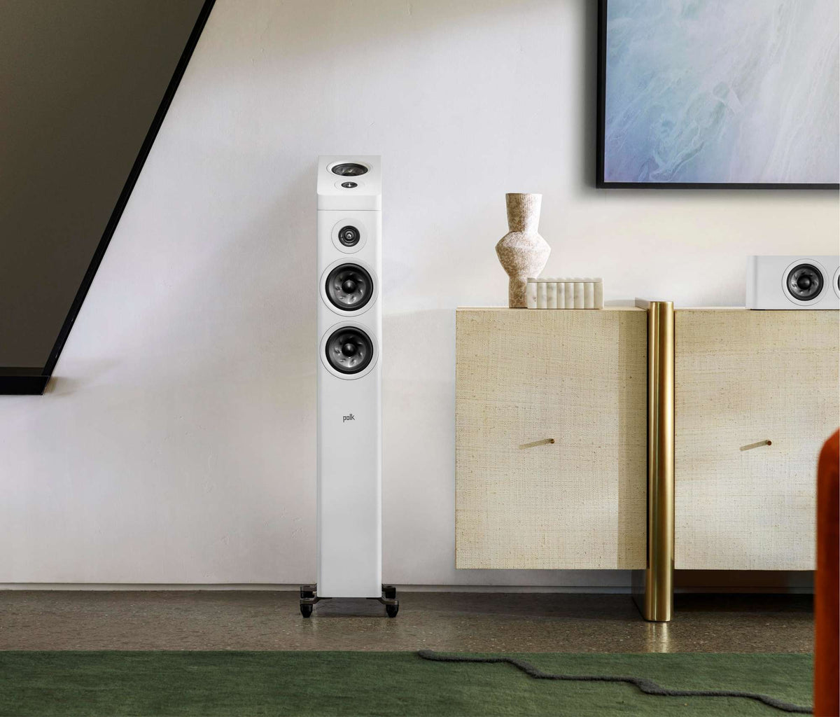 Polk Audio Reserve R500 white floorstanding speaker, in a room