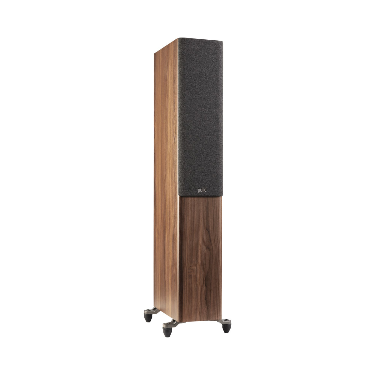 Polk Audio Reserve R500 walnut floorstanding speaker, angled view with grilles