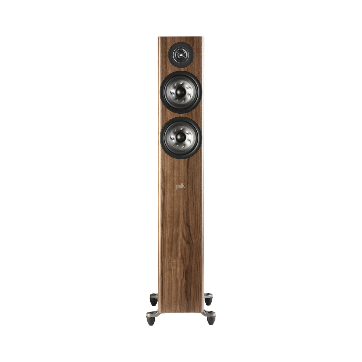 Polk Audio Reserve R500 walnut floorstanding speaker, front view without grilles