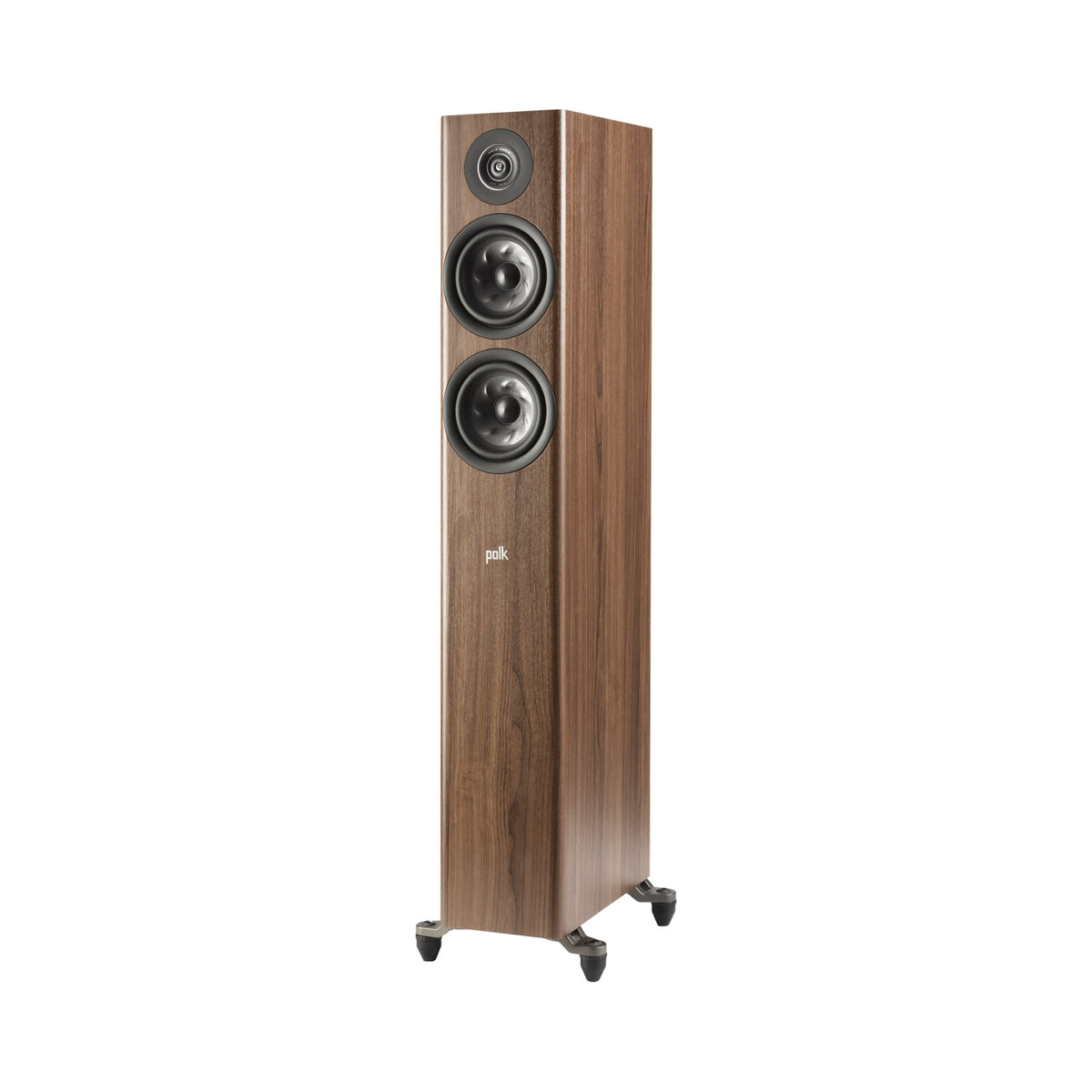 Polk Audio Reserve R500 walnut floorstanding speaker, left angle without grilles