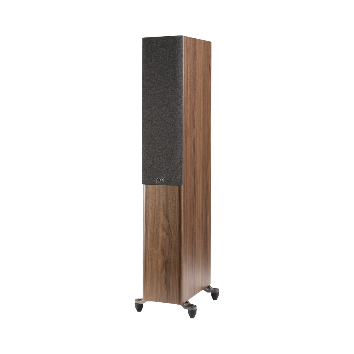 Polk Audio Reserve R500 walnut floorstanding speaker, left angle with grilles