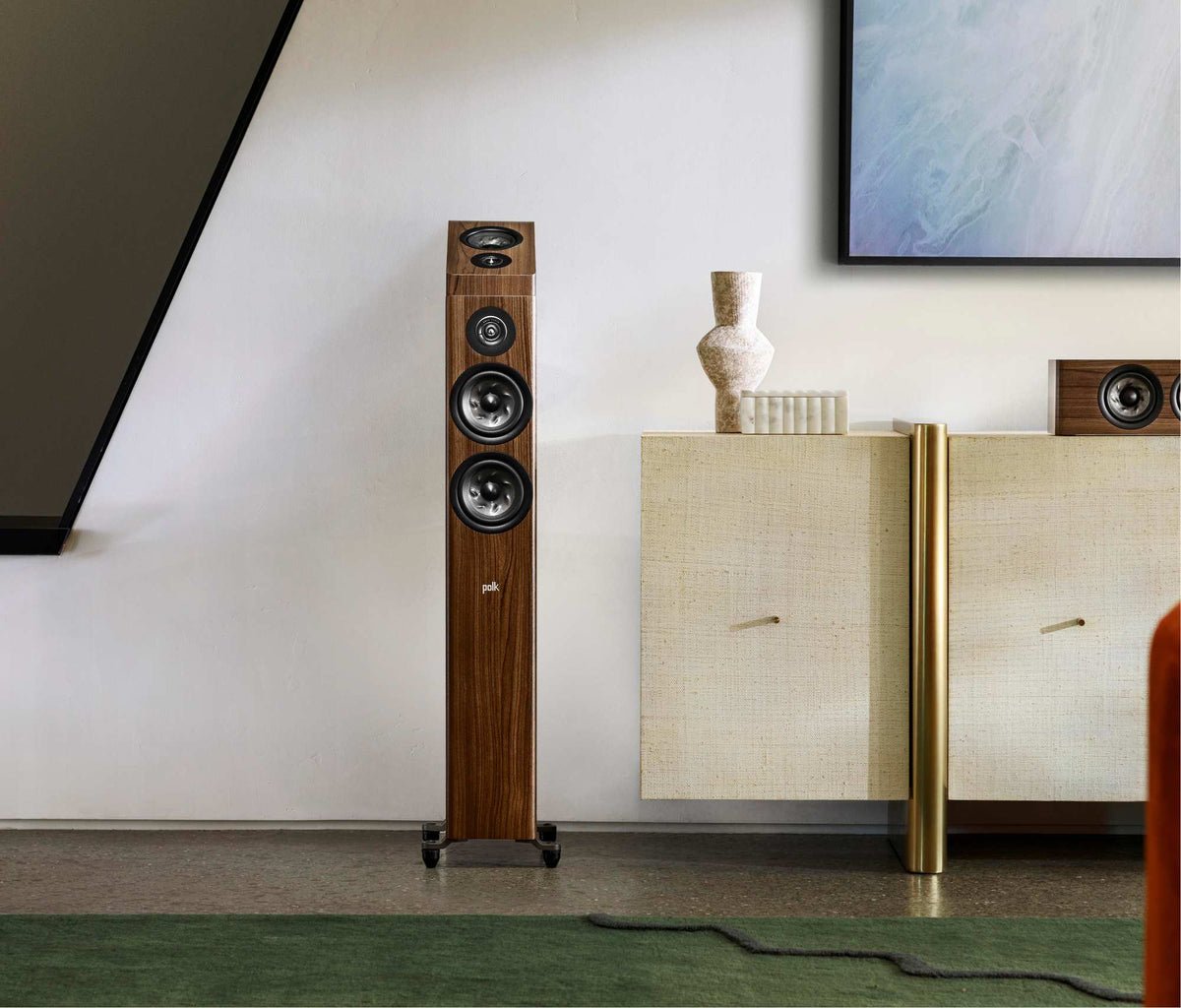 Polk Audio Reserve R500 walnut floorstanding speaker, in a room