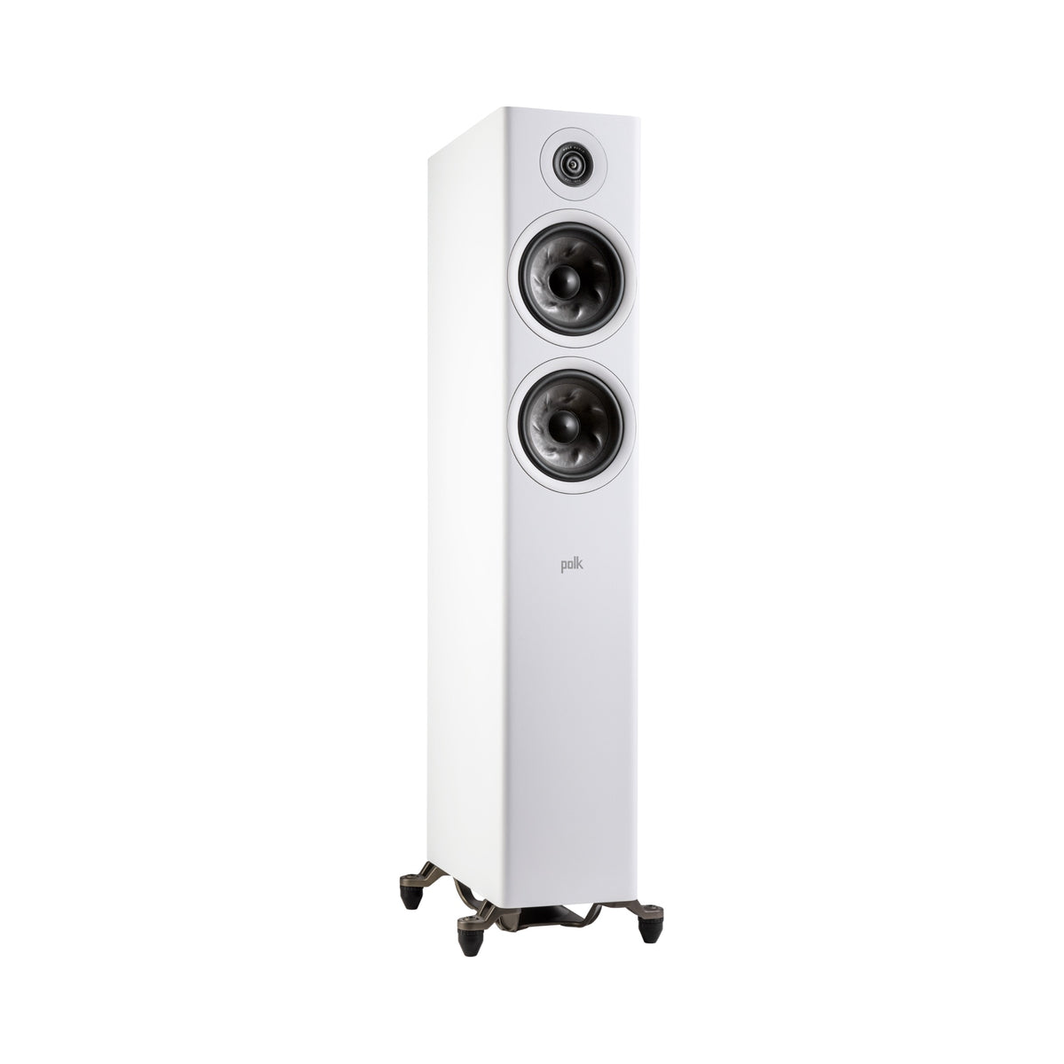 Polk Audio Reserve R600 baltos spalvos grindinė kolonėlė, vaizdas kampu be grotelių