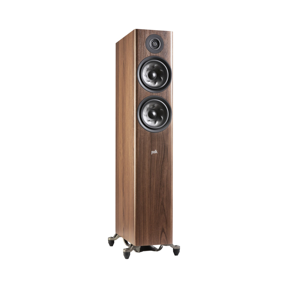 Polk Audio Reserve R600 riešutmedžio apdailos grindinė kolonėlė, vaizdas kampu be grotelių