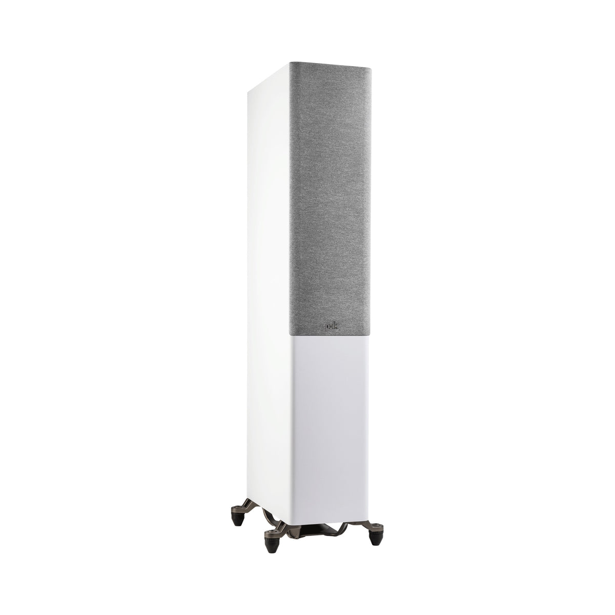 Polk Audio Reserve R600 baltos spalvos grindinė kolonėlė, vaizdas kampu su grotelėmis