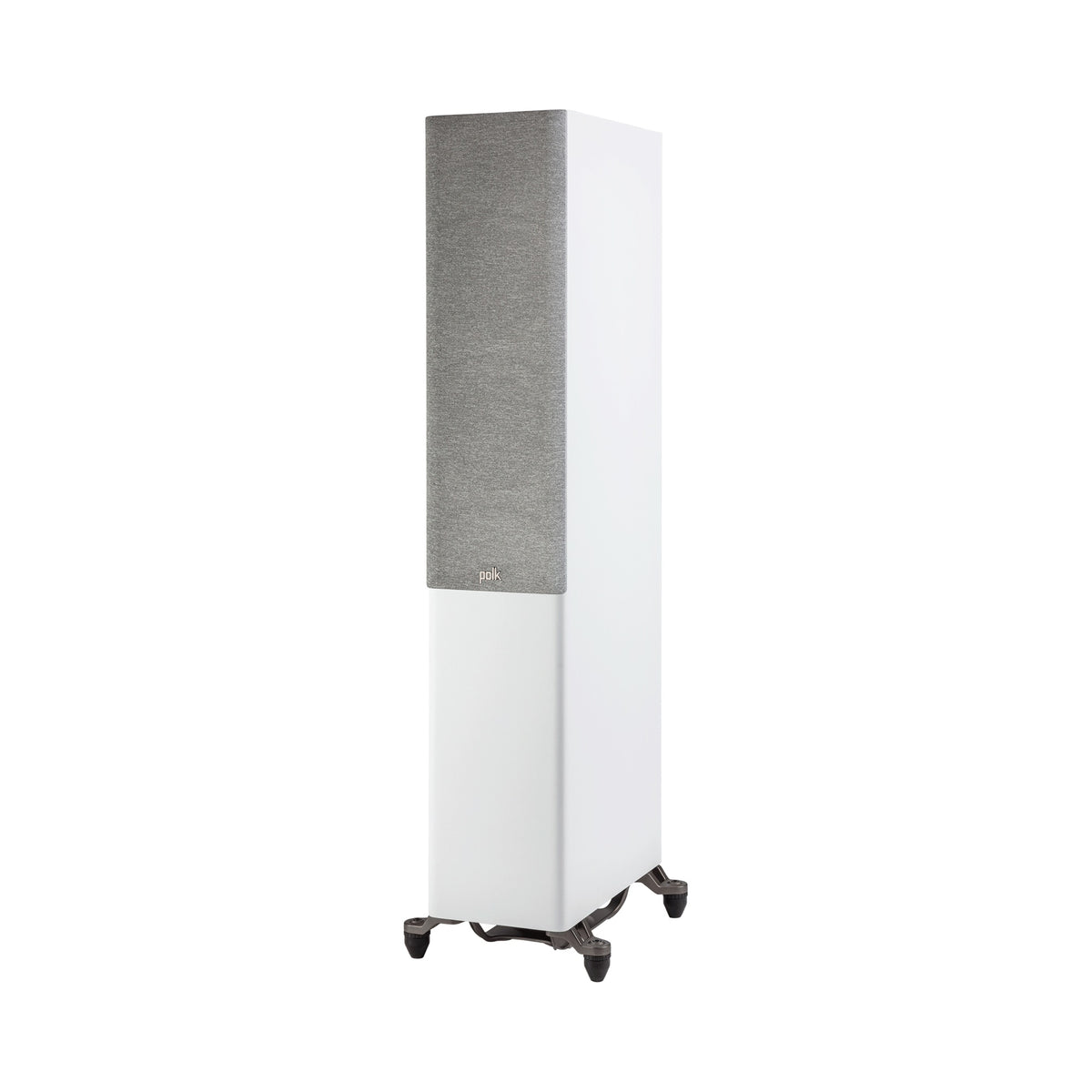 Polk Audio Reserve R600 baltos spalvos grindinė kolonėlė, vaizdas kampu iš kairės su grotelėmis
