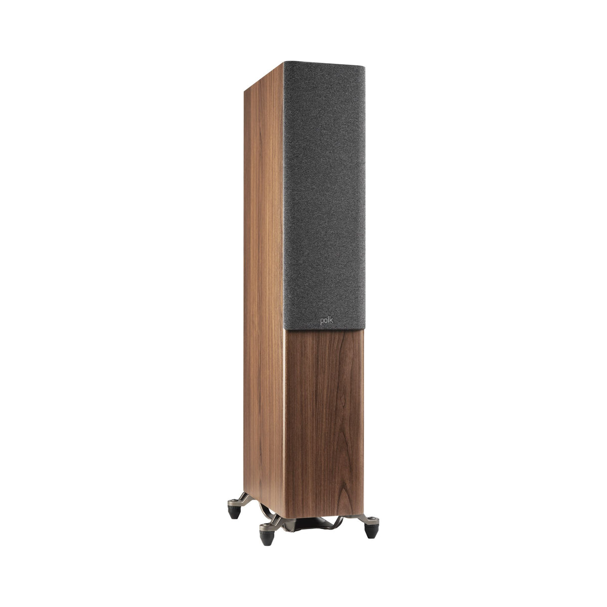 Polk Audio Reserve R600 riešutmedžio apdailos grindinė kolonėlė, vaizdas kampu su grotelėmis