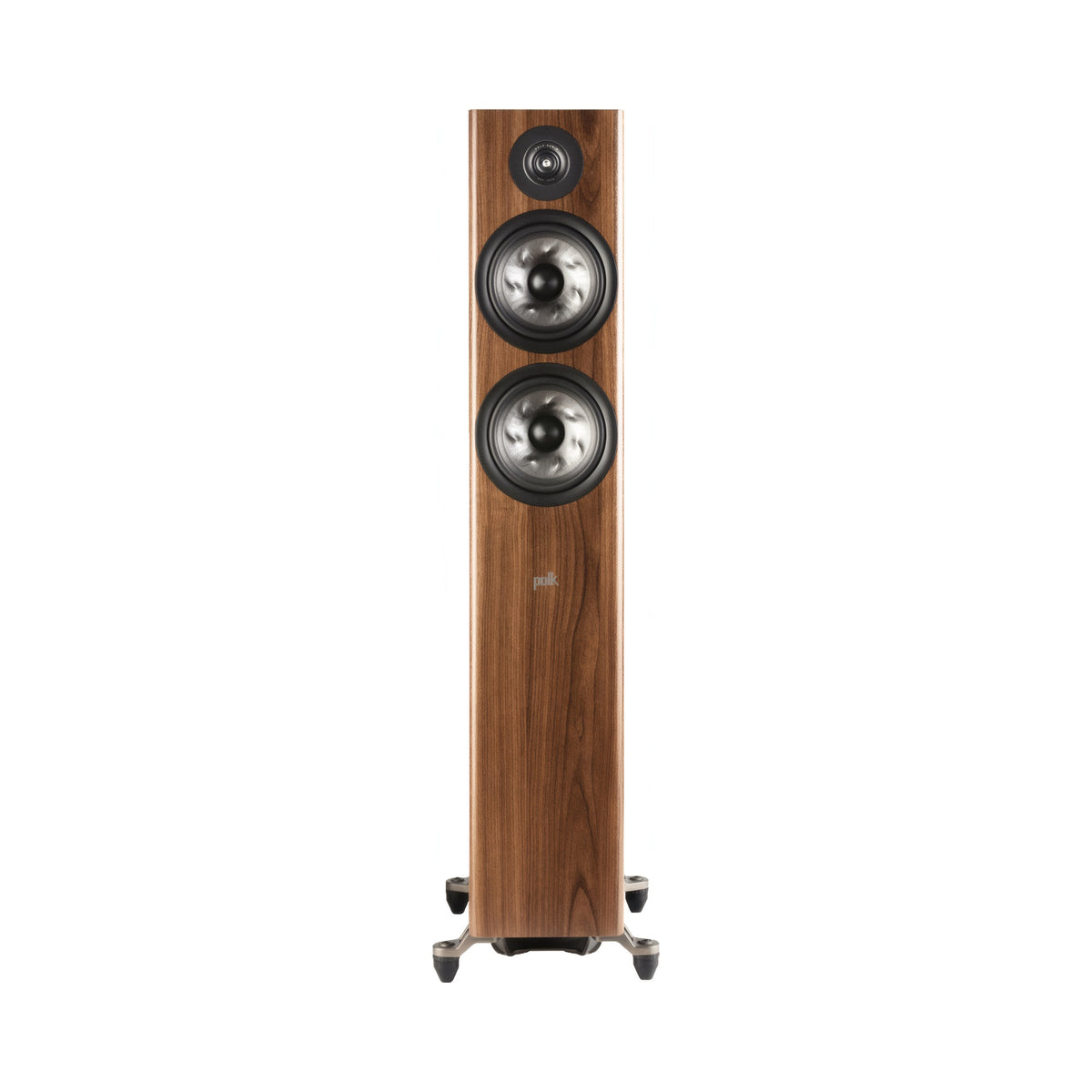 Polk Audio Reserve R600 riešutmedžio apdailos grindinė kolonėlė, vaizdas kampu be grotelių