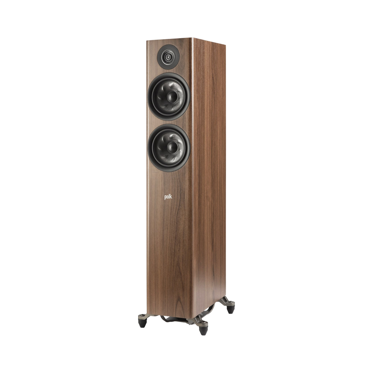 Polk Audio Reserve R600 riešutmedžio apdailos grindinė kolonėlė, vaizdas kampu iš kairės be grotelių
