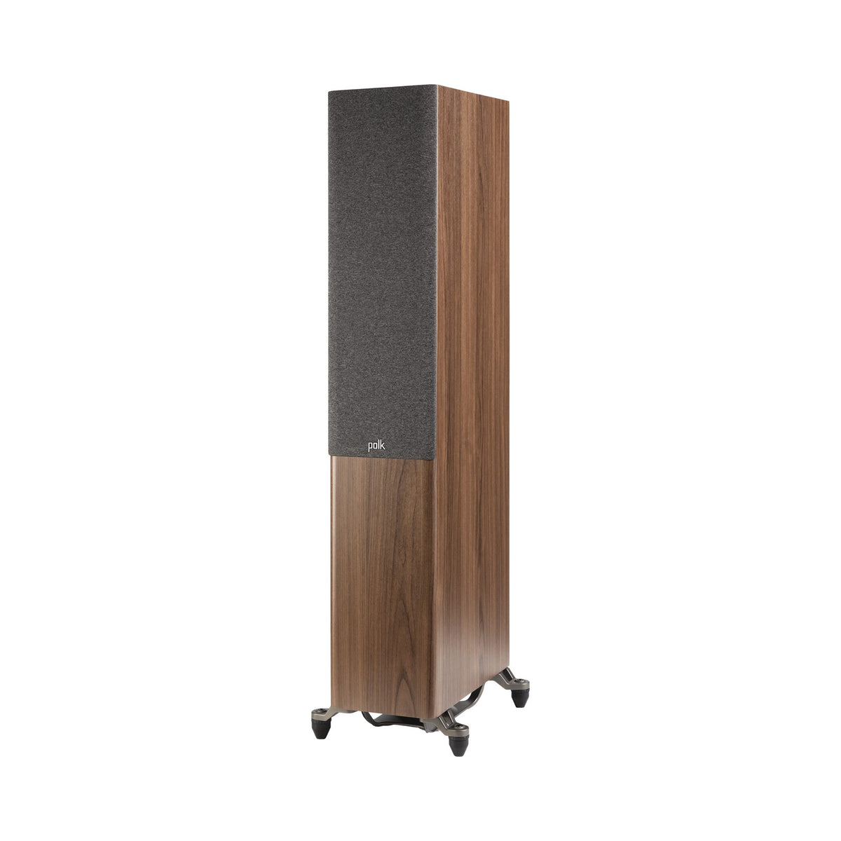 Polk Audio Reserve R600 riešutmedžio apdailos grindinė kolonėlė, vaizdas kampu iš kairės su grotelėmis