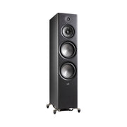 Polk Audio Reserve R700 black floorstanding speaker, angled view without grilles