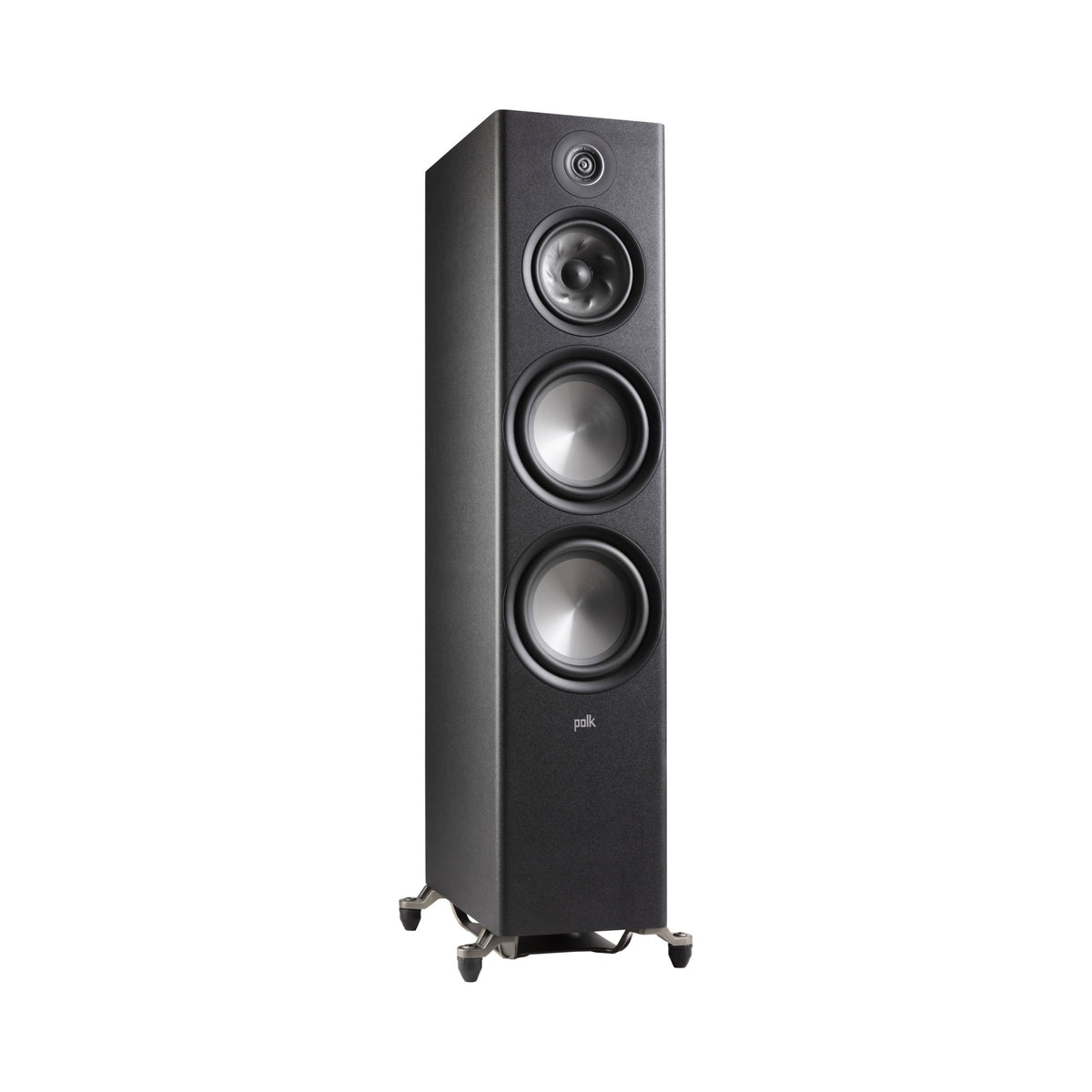 Polk Audio Reserve R700 black floorstanding speaker, angled view without grilles
