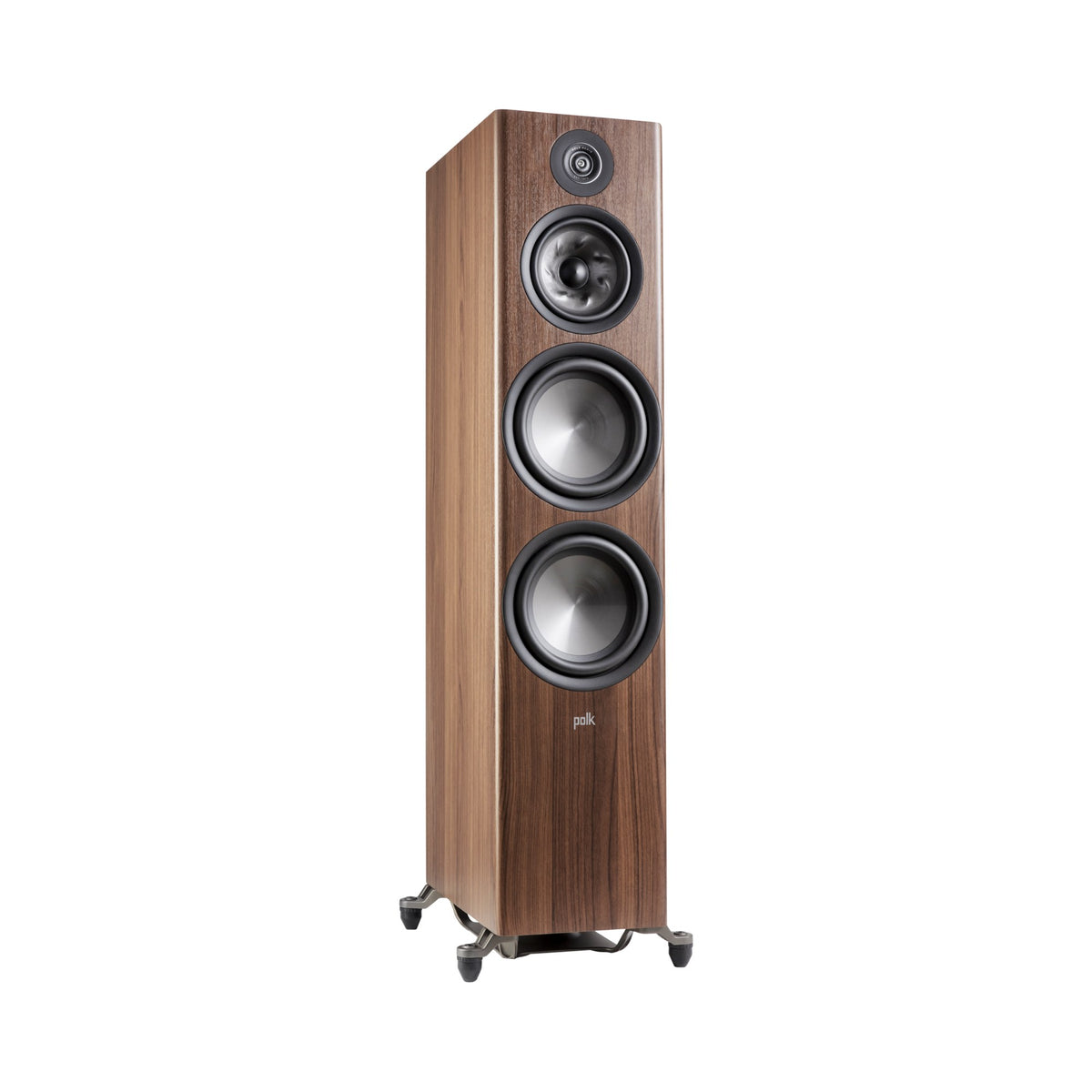 Polk Audio Reserve R700 walnut floorstanding speaker, angled view without grilles
