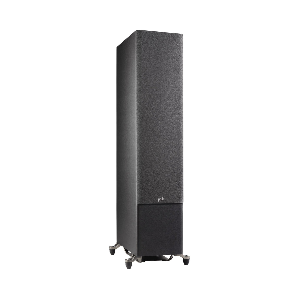 Polk Audio Reserve R700 black floorstanding speaker, angled view with grilles